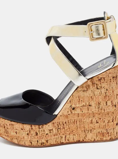 Giuseppe Zanotti Black/Gold Patent Leather Wedge Sandals Size 39