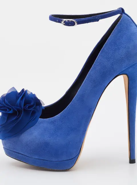 Giuseppe Zanotti Blue Suede Flower Applique Peep Toe Platform Ankle Strap Pumps Size 37