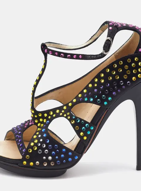 Giuseppe Zanotti Black Satin Crystal Embellished Strappy Sandals Size 38