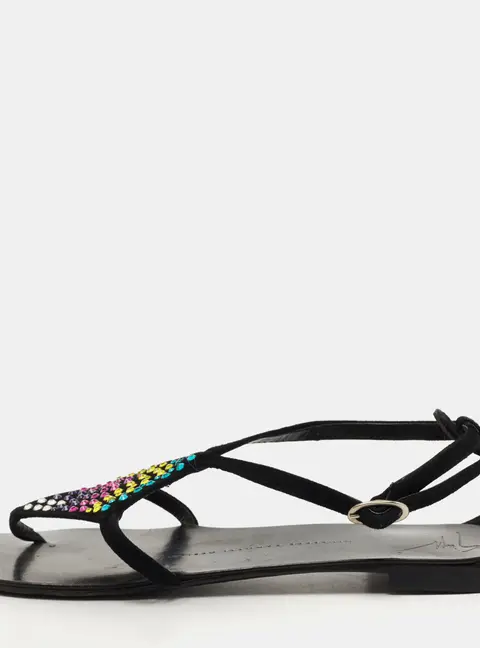 Giuseppe Zanotti Black Suede Crystal Embellished Thong Flat Sandals Size 36
