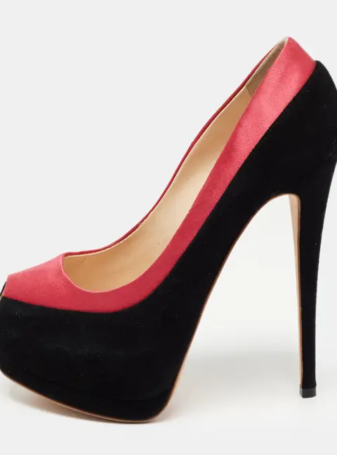 Giuseppe Zanotti Black/Pink Suede and Satin Peep Toe Platform Pumps Size 37