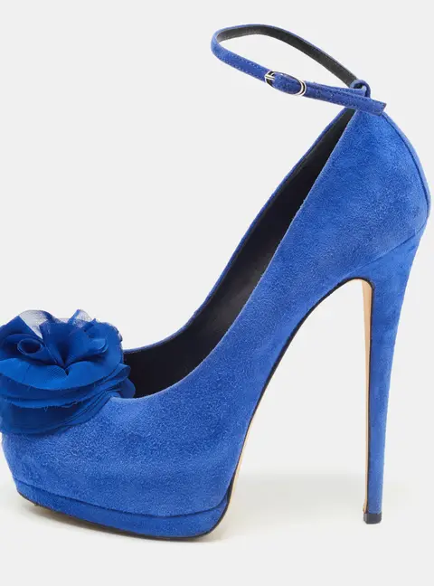 Giuseppe Zanotti Blue Suede Flower Applique Peep Toe Platform Ankle Strap Pumps Size 39