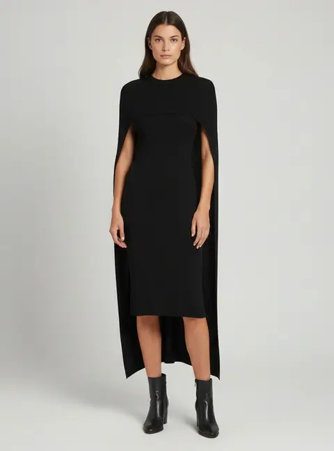 Givenchy Black Wool Rib Knit Cape Maxi Dress XS