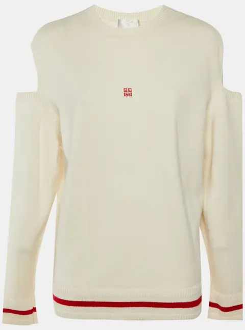 Givenchy Cream/Red Logo Intarsia Wool Blend Cut Out Sleeve Detail Sweater S