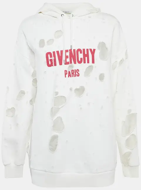 Givenchy White Logo Print Distressed Oversize Hoodie XS