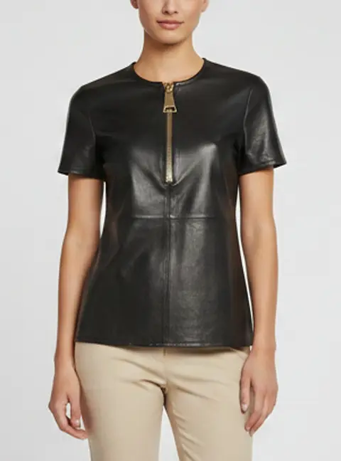 Givenchy Black Leather Front-Zip Short Sleeve Tunic Top S