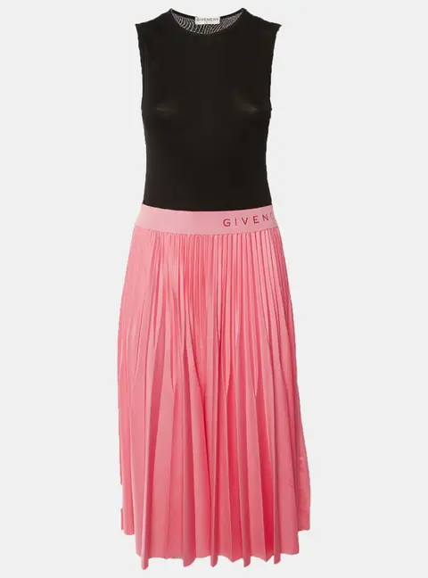 Givenchy Black Jersey & Pink Plisse Skirt Detail Midi Dress M