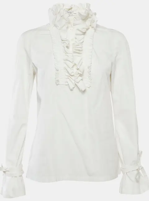 Givenchy White Cotton Poplin Buttoned Ruffled Neck Blouse M