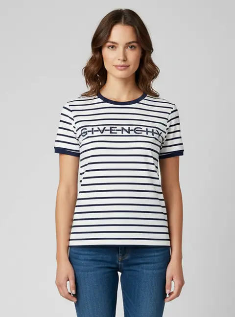 Givenchy White/Blue Striped Embroidered Logo Cotton Ringer T-Shirt S