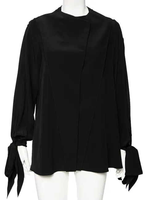 Givenchy Black Silk Sleeve Tie Detail Button Front Collarless Shirt M