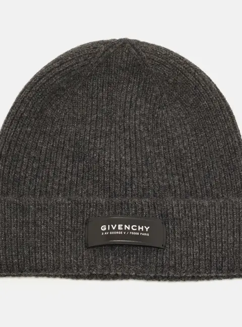 Givenchy Grey Logo Applique Rib Knit Cashmere Blend Beanie One Size