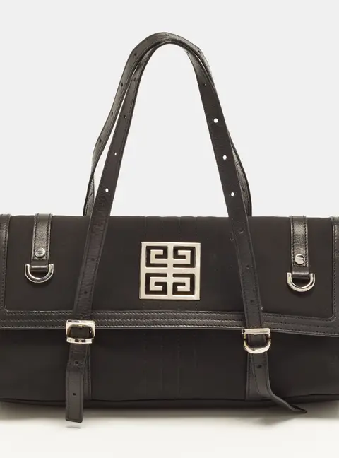 Givenchy Greca Metal Flap Black Leather and Nylon Satchel