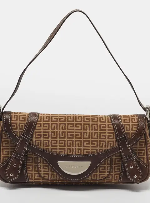 Givenchy Brown Jacquard Canvas and Leather Baguette Bag