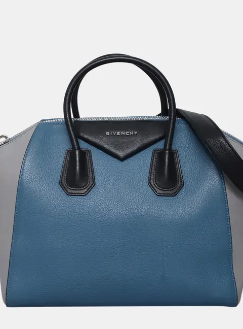 Givenchy Antigona Medium Blue Gray Black Grained Leather Satchel Bag