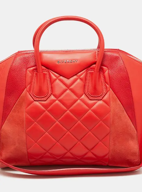 Givenchy Antigona Medium Three Tone Red Quilted Leather and Suede Satchel