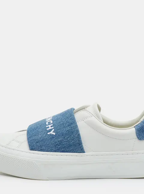 Givenchy City Sport Size 37.5 White/Blue Leather and Denim Slip On Sneakers