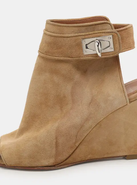 Givenchy Beige Suede Shark Lock Peep-Toe Wedge Booties Size 35
