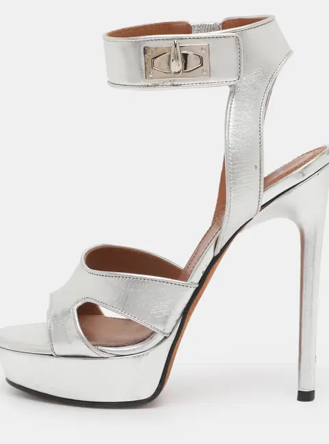 Givenchy Silver Leather Shark Lock Ankle Strap Sandals Size 36.5