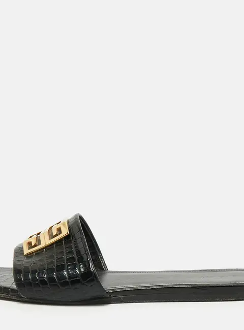 Givenchy 4G Size 40 Black Croc Embossed Leather Flat Sandals