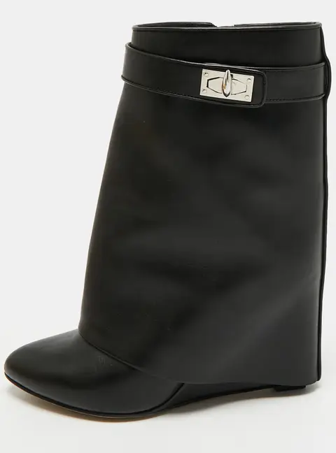 Givenchy Shark Size Black Leather Wedge Mid Calf Boots