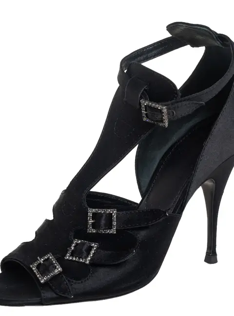 Givenchy Black Satin Cystal Buckle Embellished T-Strap Open Toe Sandals Size 38