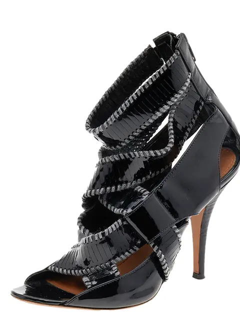Givenchy Black Patent Leather Ankle Cuff Zipper Sandals Size 37