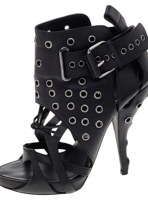 Givenchy Black Leather Studded Strappy Ankle Boots Size 38