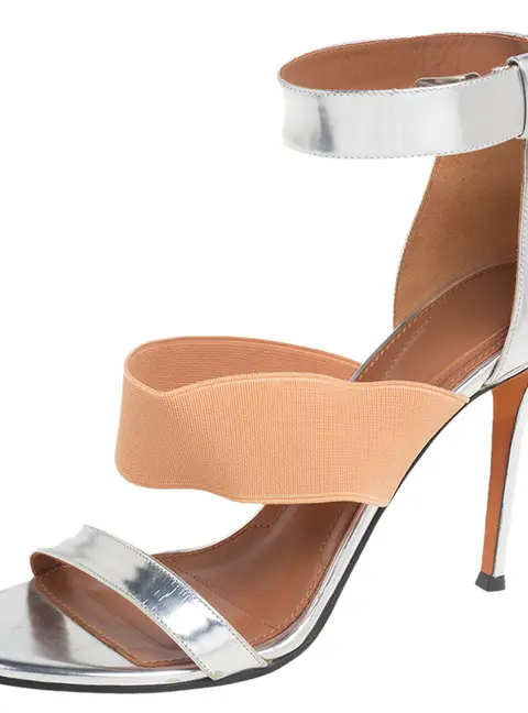 Givenchy Silver Foil Leather And Fabric Ankle Cuff Sandals Size 39