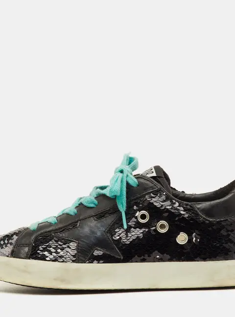 Golden Goose Superstar Size 37 Black Sequins and Leather Low Top Sneakers