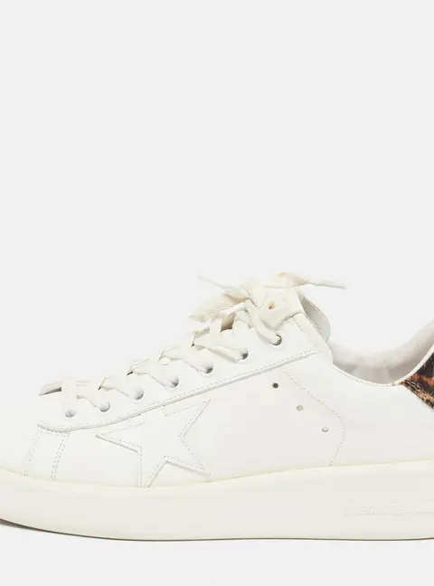 Golden Goose PureStar Size 38 White Leather and Leopard Print Calf Hair Low Top Sneakers