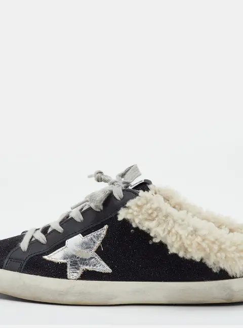 Golden Goose Super-Star Size 37 Black Leather and Metallic Embossed Suede Shearling Lace Up Mule Sneakers