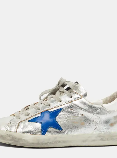 Golden Goose Super Star Size 37 White/Silver Leather Lace Up Sneakers