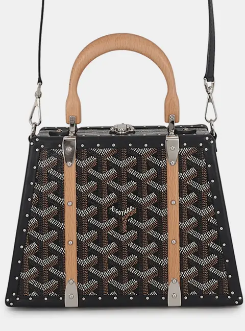 Goyard Saigon Mini Black Goyardine Canvas Leather Wood Top Handle Bag