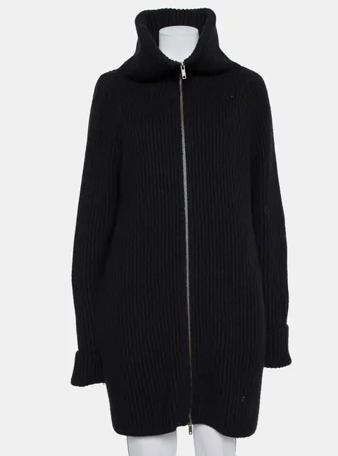 Haider Ackermann Black Wool Knit Collared Zip Front Oversized Long Cardigan XXS