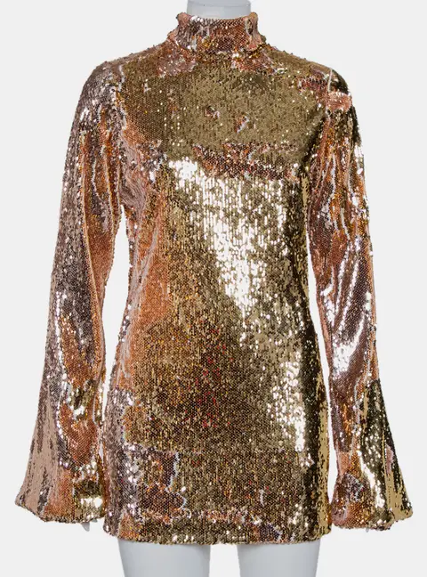 Halpern Gold Sequin Embellished Knit Bell Sleeve Detail Mini Dress S