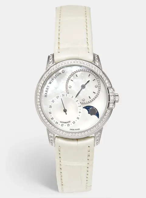 Harry Winston Midnight Date Moon Phase MIDAMP36WW001 Mother Of Pearl Diamond 18K White Gold Alligator Leather Women's Wristwatch 36 mm