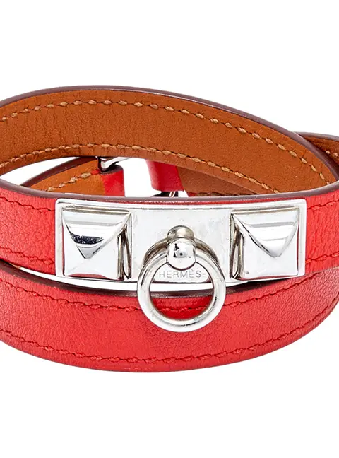 Herm&egrave;s Orange Leather Palladium Plated Micro Rivale Double Tour Bracelet M