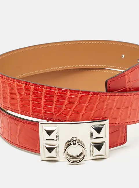 Hermes Geranium Crocodile Porosus Collier De Chien Reversible Belt 85 CM