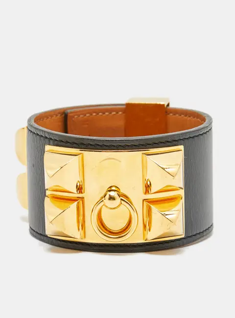 Herm&egrave;s Collier De Chien Black Leather Gold Plated Bracelet S