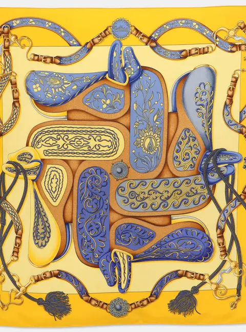Herm&egrave;s Yellow Multicolor Printed Silk Festival Scarf