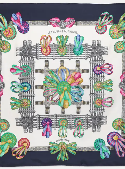 Herm&egrave;s Multicolor Print Silk Les Rubans Du Cheval Scarf