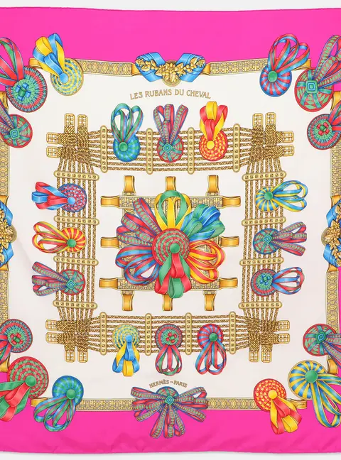 Hermes Pink Multicolor Printed Silk Les Rubans Du Cheval Scarf