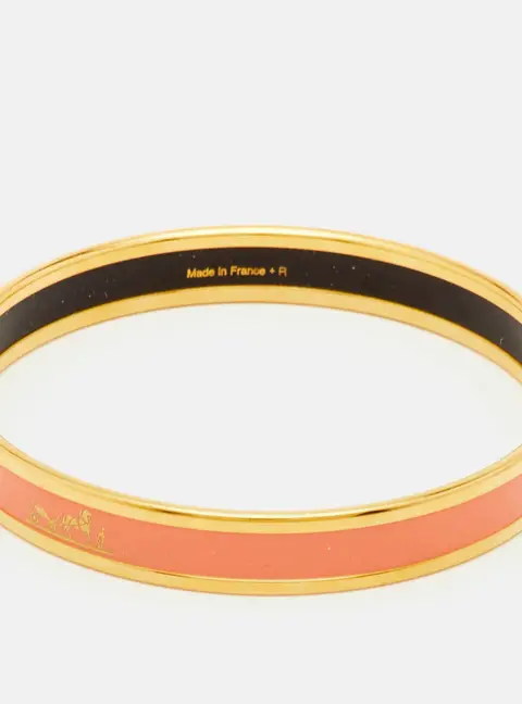 Herm&egrave;s Caleche Pink Enamel Gold Plated Narrow Bangle Bracelet