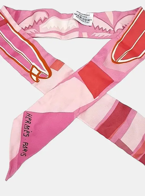 Hermes Pink/White Silk Twilly scarf