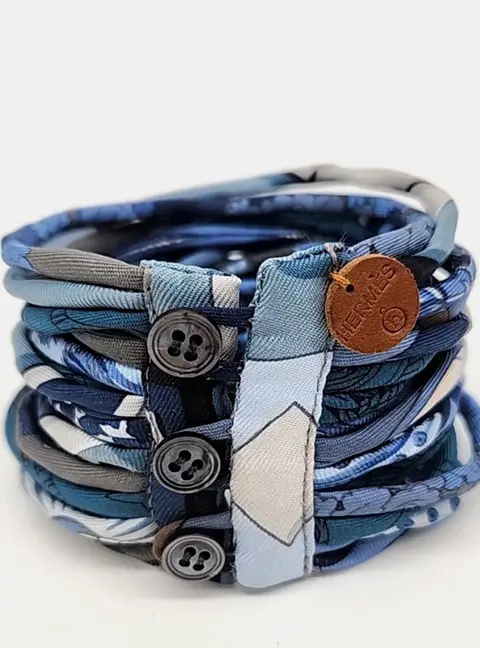 Hermes Petit H Blue Silk Button Bracelet