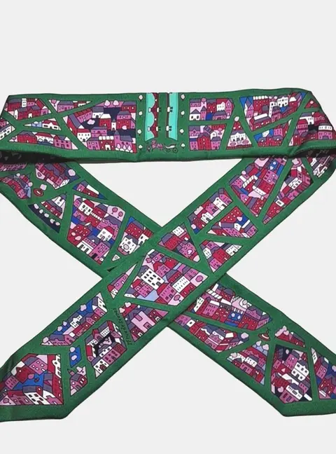 Hermes Green Multicolor Silk Twilly scarf