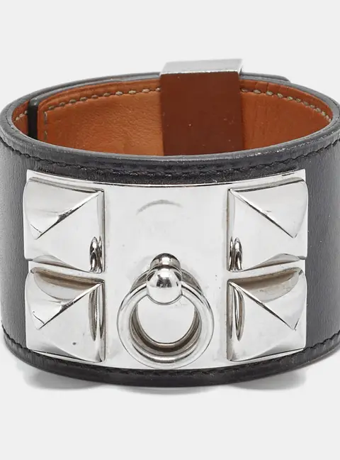 Herm&egrave;s Collier De Chien Black Leather Palladium Plated Bracelet L