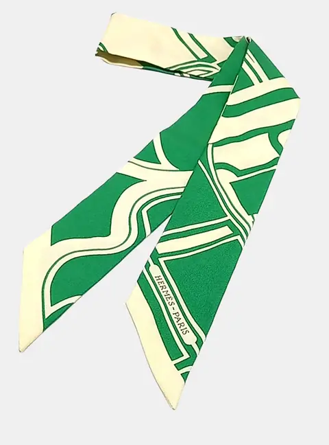 Hermes Silk Green/White Twilly Scarf