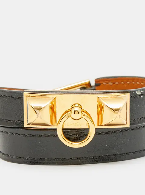 Hermes Rivale Black Leather Gold Plated Double Tour Bracelet