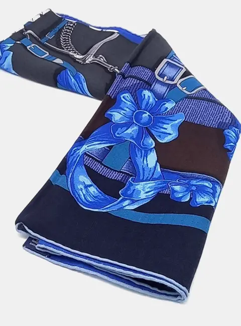 Hermes Grand Manege Cut maxi-twilly Black, Blue Cashmere, Silk Shawl and Scarf